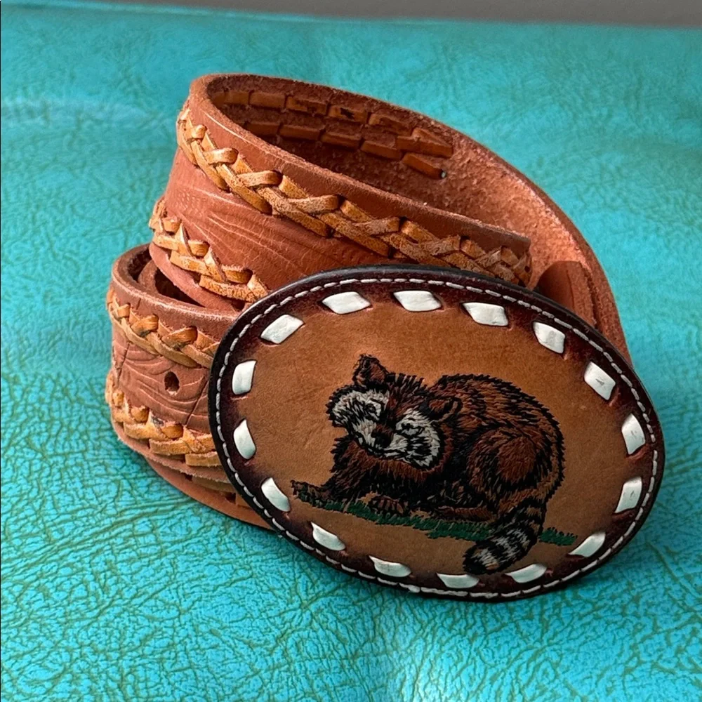 Tan tooled leather belt whipstitching statement embroidered raccoon buckle 34